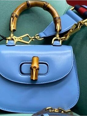 Light Blue Bamboo-Handle Shoulder Bag w/ 2 slings